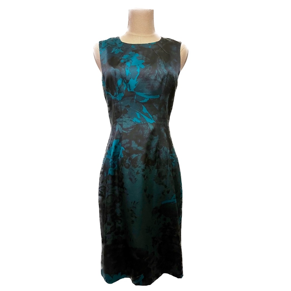 Elie Tahari fitted silk dress, black and turquoise-blue flowers, Size 2